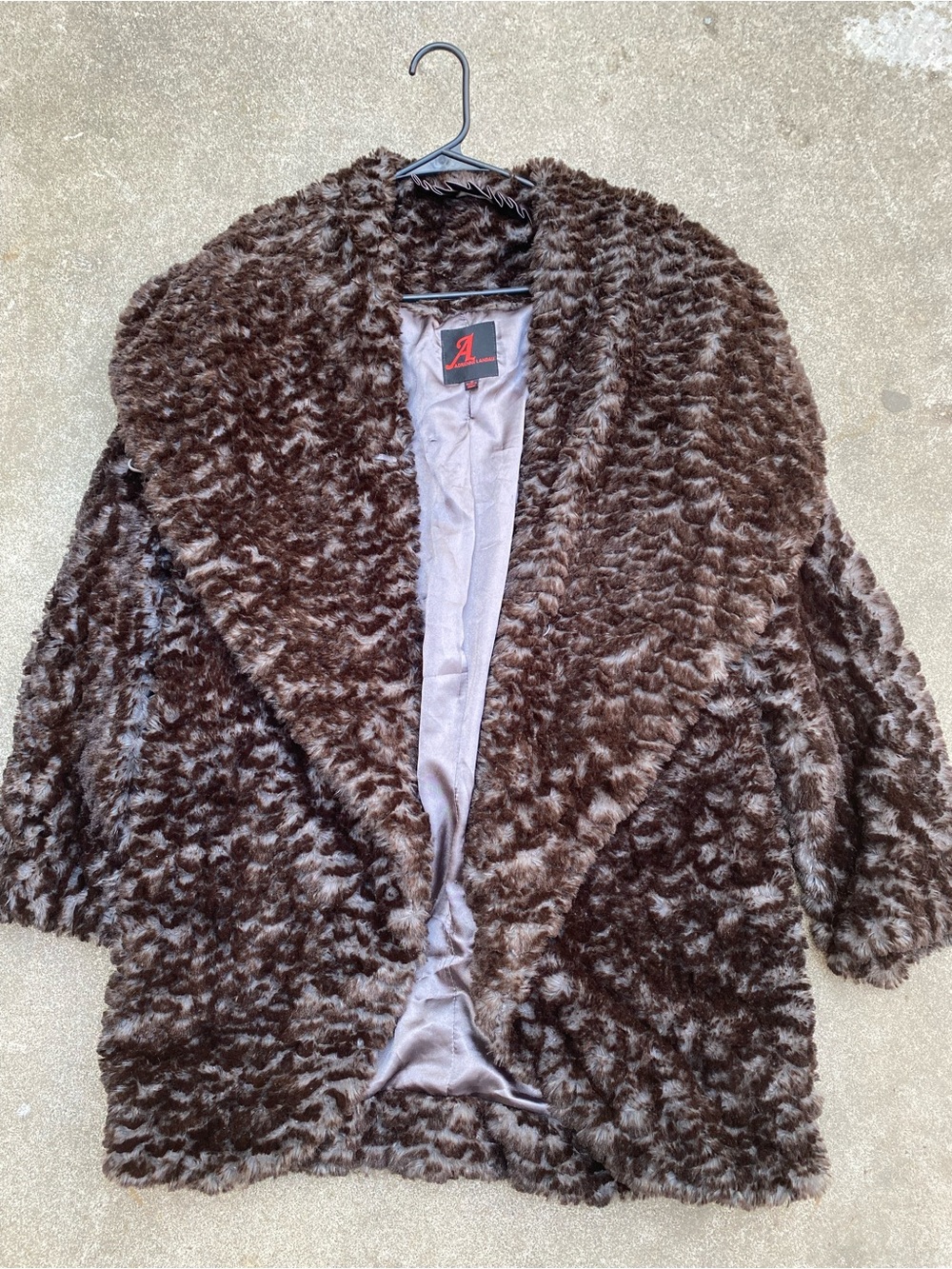Adrienne Landau Brown Faux Fur Coat Jacket Shawl Collar Swirl Textured Mob Wife